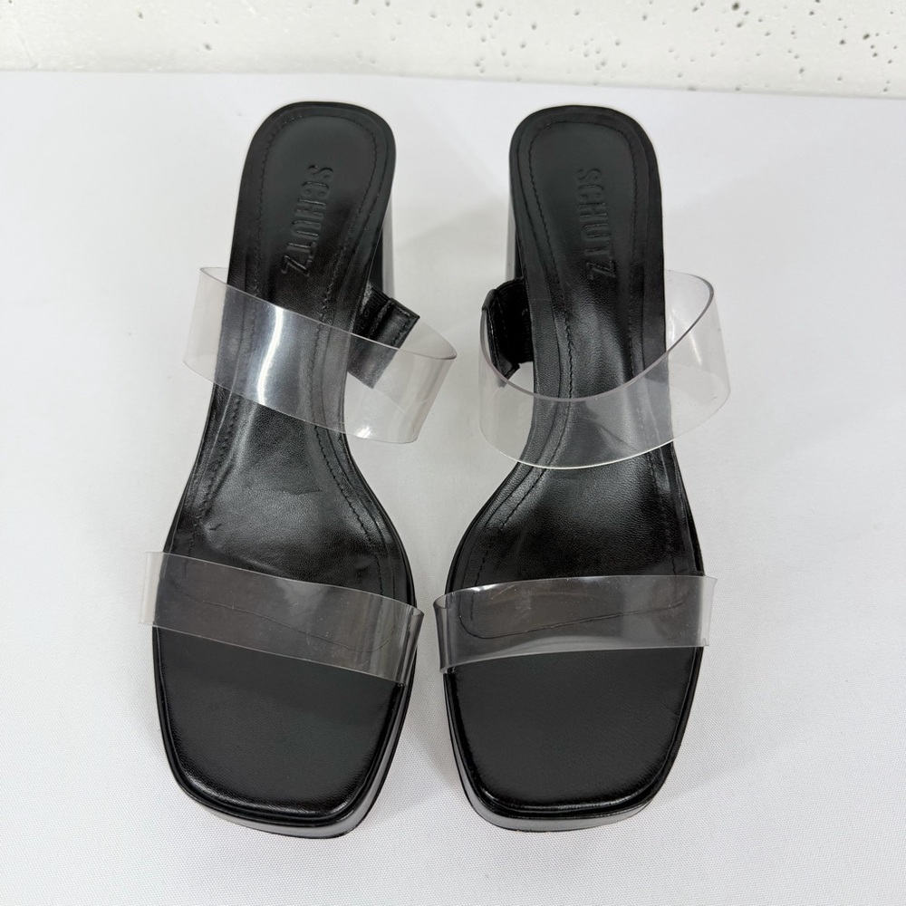 Schutz Women’s size 7 Ariella Platform Black Clear Strap Open Toe Block Heels